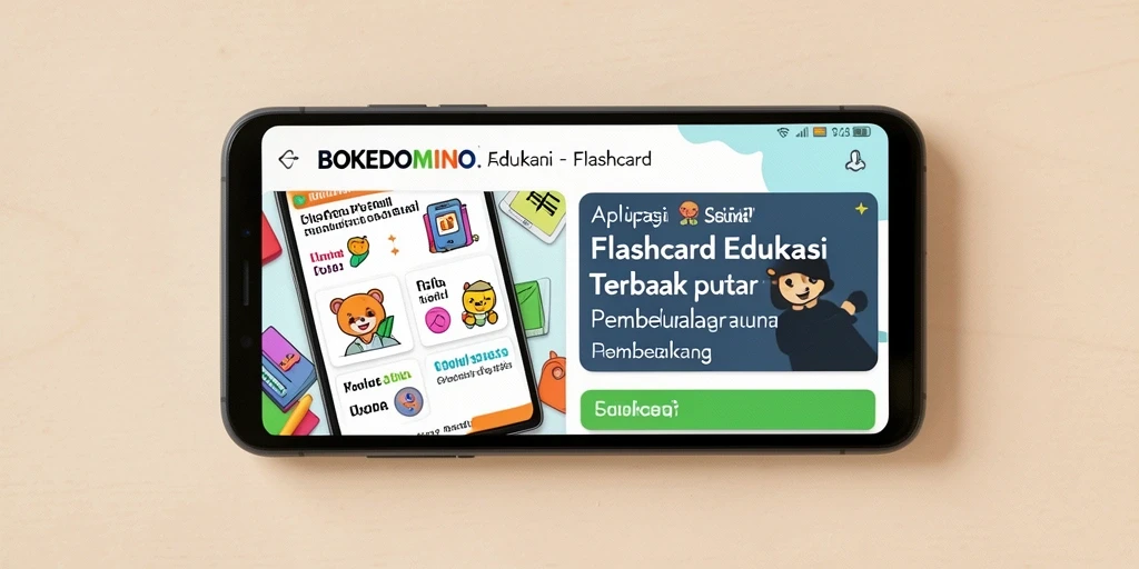 Tampilan antarmuka BOKEDOMINO dengan berbagai pilihan flashcard edukasi.