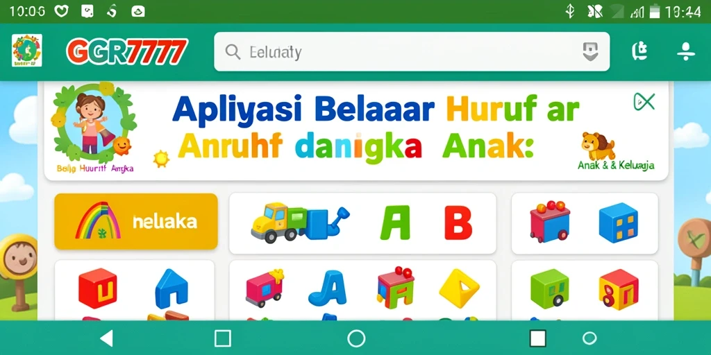 Antarmuka aplikasi GGR7777 untuk belajar huruf dan angka yang menarik.