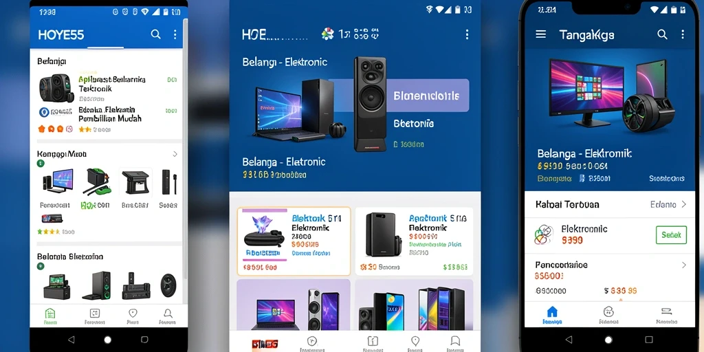 Tampilan antarmuka aplikasi HOYE55 untuk belanja elektronik.